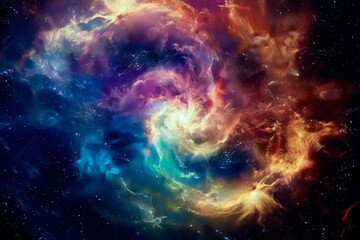 A mesmerizing depiction of a colorful swirling nebula in outer space, showcasing a spectrum of vibrant colors and cosmic beauty representing the mysteries of the universe.