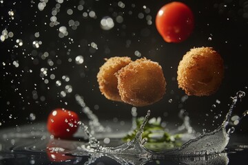 croquets Spanish classic food meal creation process, depicting ingredients floating gracefully in space before seamlessly transforming into a beautifully plated tapas dish 