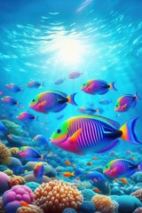 Fototapeta premium Beautiful Thalassoma lunare, commonly known as the Moon Wrasse rainbow fish underwater in the tropical waters of the ocean. They are characterized by their bright and vibrant coloration