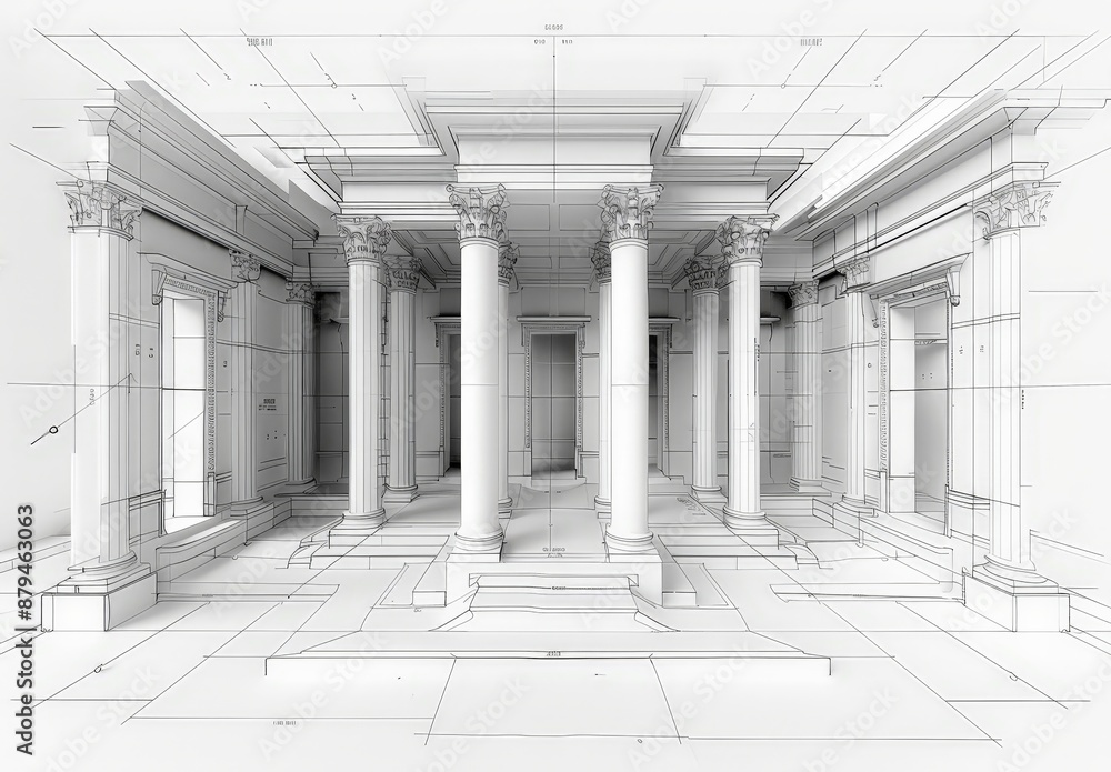 Aufkleber Wireframe rendering of an ancient building in the classical style