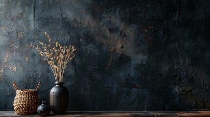 Dark charcoal wall with plants in dark moody room