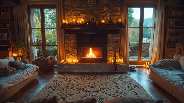 Cozy Living Room Ambiance with Fireplace and Comfortable Seating, Warm Lighting, and Homely Feel Captured with Nikon Z7 - Interior Photography