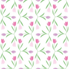 tulip flower pattern with purple color and easy red and green leaves, simple and attractive design, vector image on white background seamless wallpaper