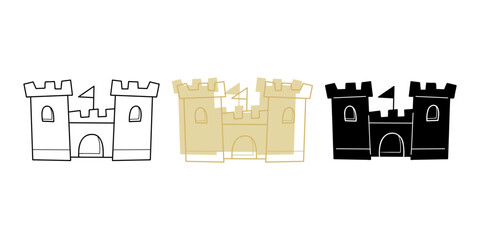 Set with one sand castle in different colors. Doodle clip art for your projects.