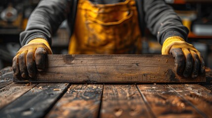 The image captures a carpenter in a workshop measuring a wooden plank with a ruler. He's wearing gloves and an apron, indicating precision in woodworking.