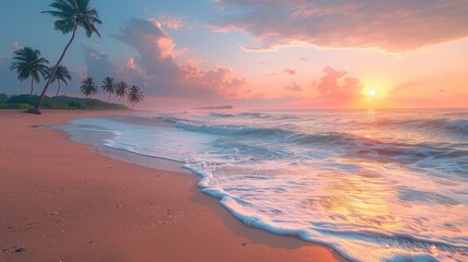 Obraz premium Tranquil Sunrise Bliss: Golden Beach with Silhouetted Palms and Pastel Sky