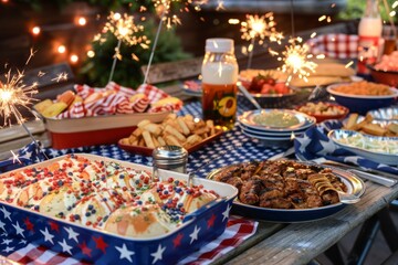 Fototapeta premium Festive outdoor picnic with colorful lights, sparklers, and patriotic-themed cups on a blanket in the evening.. Beautiful simple AI generated image in 4K, unique.