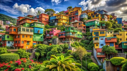 Vibrant technicolor cityscape featuring whimsical Wonder buildings with exaggerated joyful facial expressions amidst lush green terraced brutalist architecture celebration.