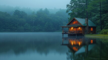 Fototapeta premium Tranquil Lakeside Cabin at Dusk with Glowing Lights and Reflections on Still Water - Calming Photography with Nikon D3400
