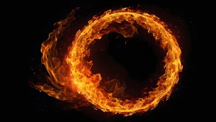 Circle of Fire flame with movement on black background, Beautiful yellow, orange, blaze fire flame texture style, copy space, frame composition.