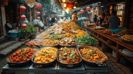 Fototapeta premium Flavorful Delights: Vibrant Street Food Market Captured with Canon EOS M6