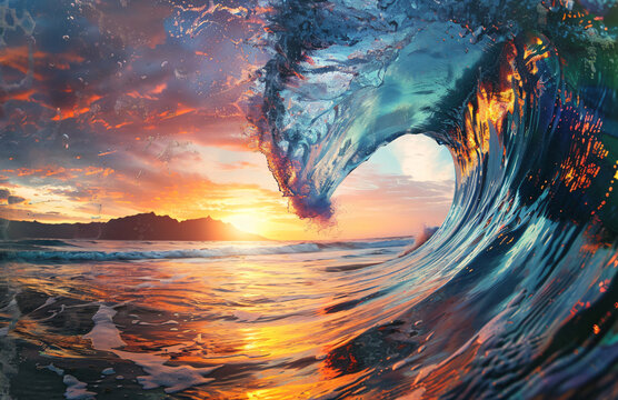 Colorful sunset inside the barrel of wave . perfect surfing water wave tube in ocean with beautiful colorful sunrise and mountains on background. view from under waves