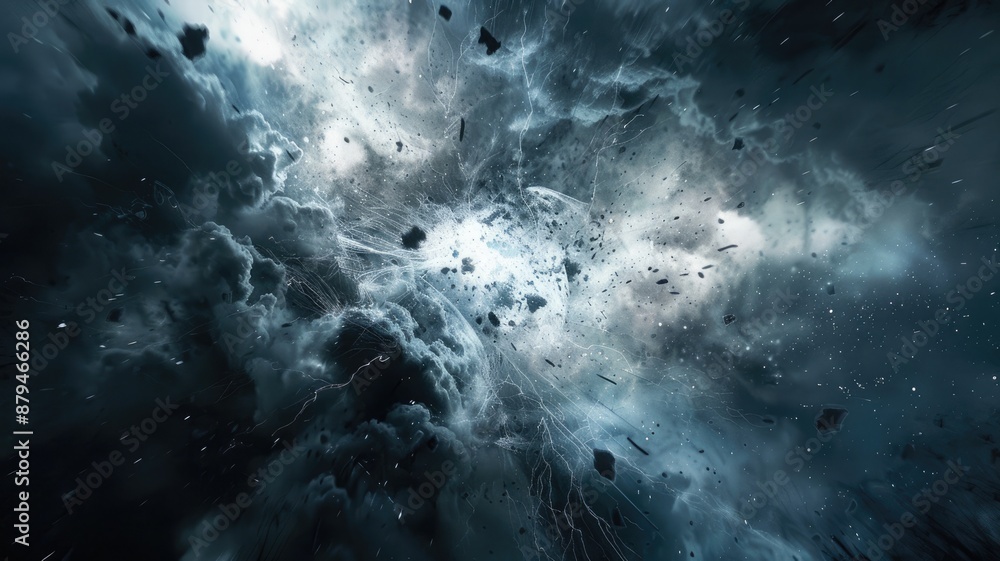 Poster abstract digital art explosion with debris and particles on a dark background. digital art of the ex