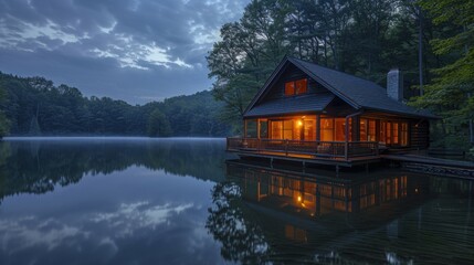 Fototapeta premium Tranquil Lakeside Cabin at Dusk with Glowing Lights and Reflection on Still Water - Relaxing and Serene Mood | Photography with Nikon D3400