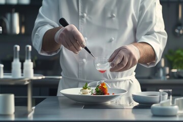 molecular gastronomy chef using tools and techniques to create edible masterpieces, minimalist kitchen equipment and clean, modern aesthetics to  innovation and artistry of molecular gourmet cuisine