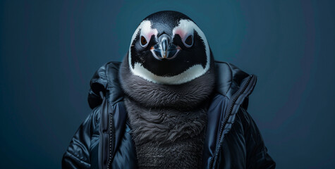 Satisfied penguin dressed in a jacket, blue background. Charming and cozy, perfect for winter themes and creative character designs.