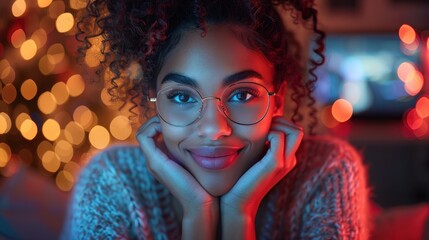 A person rests their head on their hands, seemingly lost in thought, with a backdrop of festive lights and blurred decorations. The setting exudes warmth and introspection.