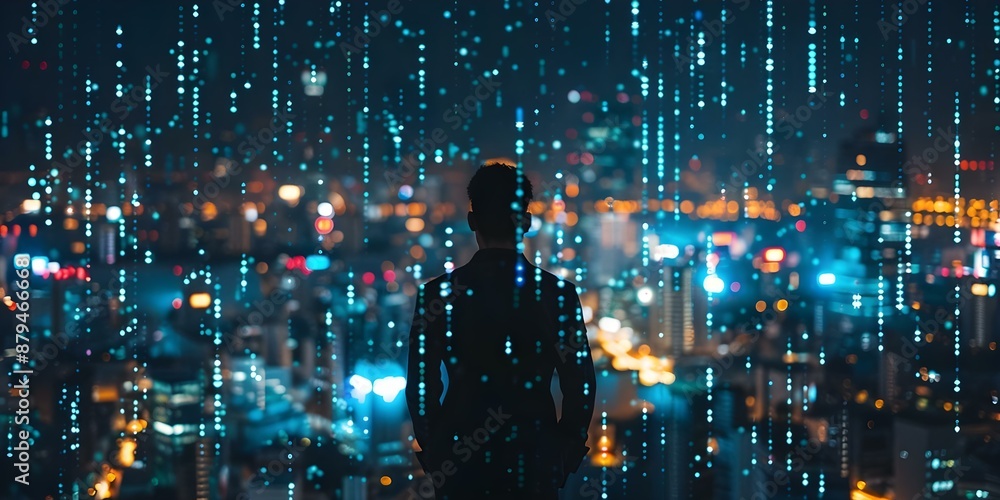 Poster cybersecurity specialist overlooking cityscape monitors network and database security. concept cyber