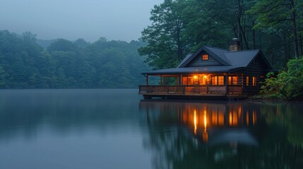 Fototapeta premium Tranquil Lakeside Cabin at Dusk with Illuminated Interior and Reflection on Still Water, Captured with Nikon D3400 Camera