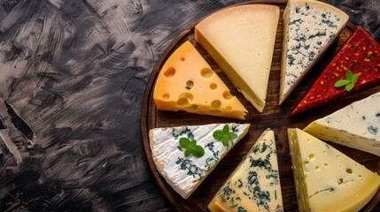 Assorted cheese slices arranged in a circular pattern on a wooden board, showcasing various textures and flavors against a rustic background.