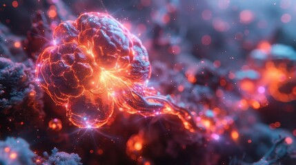 A glowing neural structure is depicted in a vibrant digital environment, embodying the intersection of technology and biology with bright, vivid colors and textures.