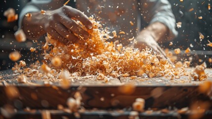 An artisan's hands are seen skillfully creating wood shavings in a workshop, highlighting the craftsmanship and detailed nature of woodworking in a dynamic and lively scene.