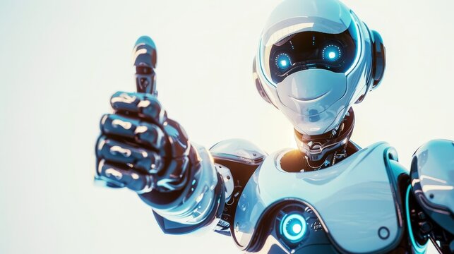 AI robot giving a thumbs up, representing success in technology and innovation. Web banner with empty space