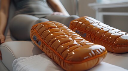 A person is receiving a therapy session with bright orange long compression therapy sleeves for the legs while sitting in a clinical setting.