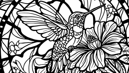 Obraz premium A beautiful, intricate black and white coloring page featuring a hummingbird stained glass window Generative AI