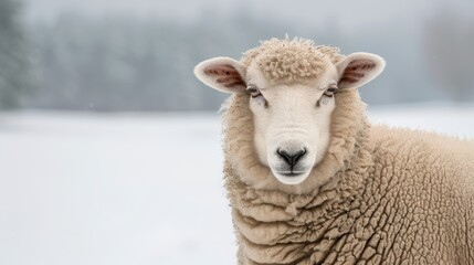 Close-up of a sheep with thick wool standing in a snowy field, showcasing the beauty of winter and nature.