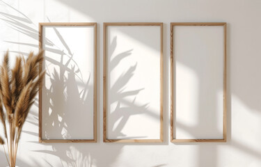 Minimalistic setup with three wooden frames and a vase of dried flowers