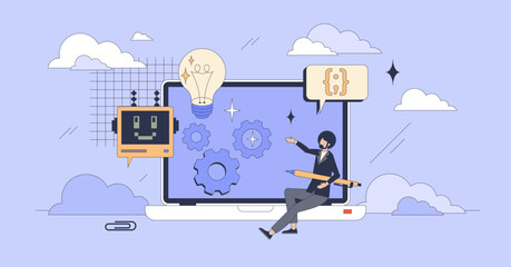 AI for coding and software programming tiny person neubrutalism concept. Write script for website or application with artificial intelligence assistance and automation help vector illustration.