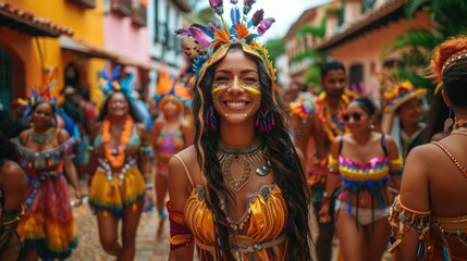Fototapeta premium Vibrant Street Carnival Celebration with Fujifilm X-T30 II and 35mm f/2 Lens Capturing Colorful Floats and Costumed Revelers in Joyful Atmosphere
