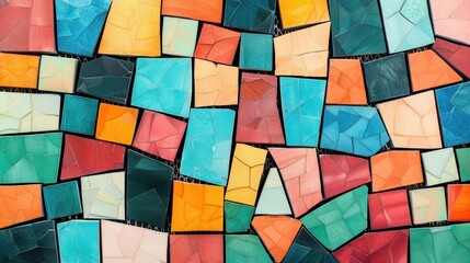 Colorful geometric mosaic background with vibrant tiles arranged in a patchwork pattern, perfect for artistic and decorative designs.
