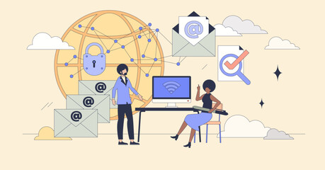 Digital literacy and technology knowledge tiny person neubrutalism concept. Employee skills to use modern computing solutions and ability for effective computer usage at work vector illustration.