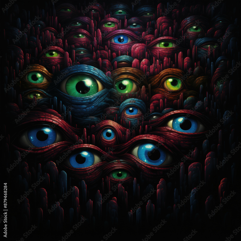 Poster surreal composition of multiple eyes in vibrant colors staring out from an abstract background