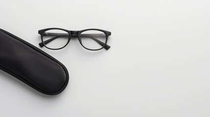 Eyeglasses and its case on white background, showcasing a minimalist and clean setup.