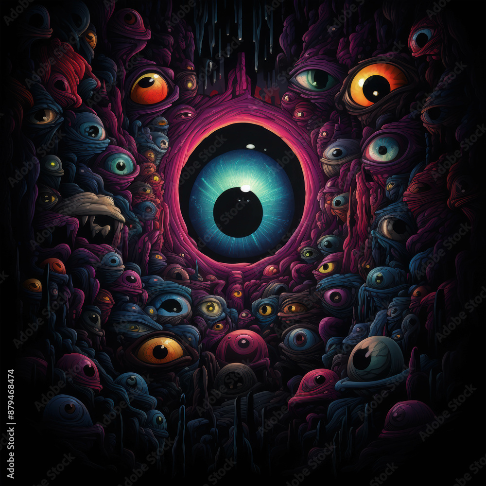Poster surreal composition of multiple eyes in vibrant colors staring out from an abstract background