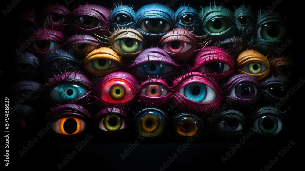 Poster surreal composition of multiple eyes in vibrant colors staring out from an abstract background