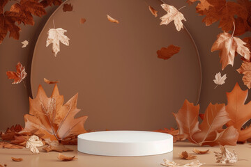 White podium with autumn leaves on brown background