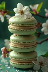 Stack of green macarons with spring blossom decorations