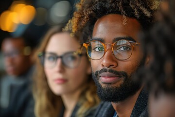 Obraz premium Diverse group of young professionals with eyeglasses in focus