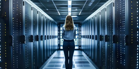 Woman technician performing server diagnostics and maintenance in advanced data center setting. Concept Data Center Maintenance, Server Diagnostics, Technician at Work, IT Infrastructure