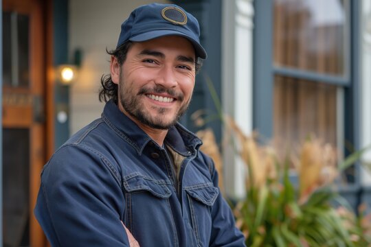 Smiling man in work uniform standing with arms crossed outdoors