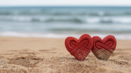 Fototapeta premium Two intertwined hearts on a sandy beach with a blurred ocean background, symbolizing love and romance by the sea.