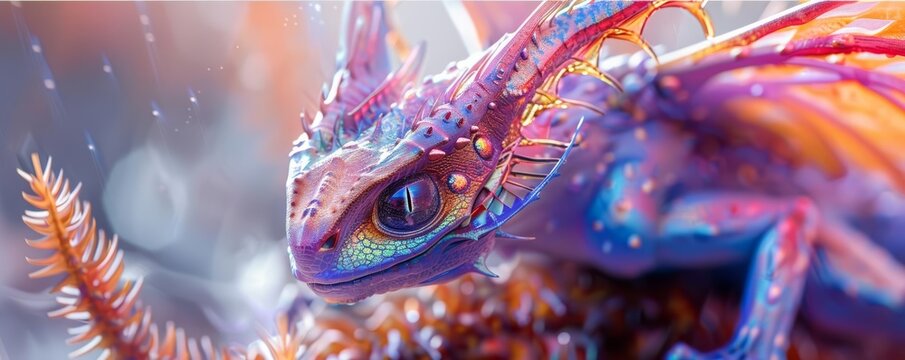 Alien with iridescent scales and wings, colorful extraterrestrial