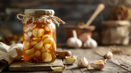 Close-up of sliced garlic cloves in honey, contained in a glass jar. Honey infused garlic.