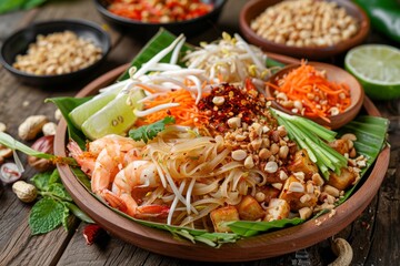 Vibrant Pad Thai Dish with Stir-Fried Rice Noodles, Shrimp, Tofu, Bean Sprouts, and Crushed Peanuts