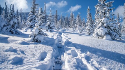 Fototapeta premium Footprints in the snow leading into a serene winter forest at sunset, with sunlight casting a warm glow on the fresh snow.
