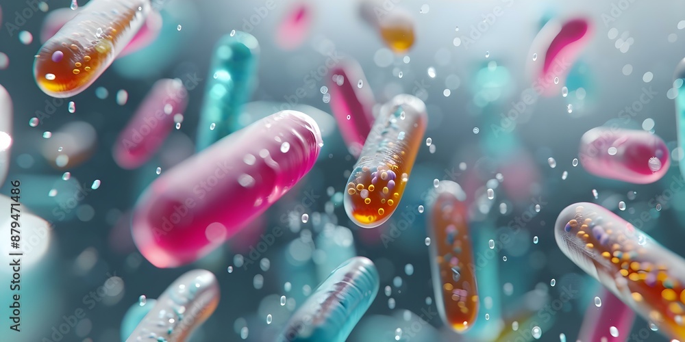 Poster animated 3d visualization of different types of probiotic bacteria in the gut. concept 3d visualizat